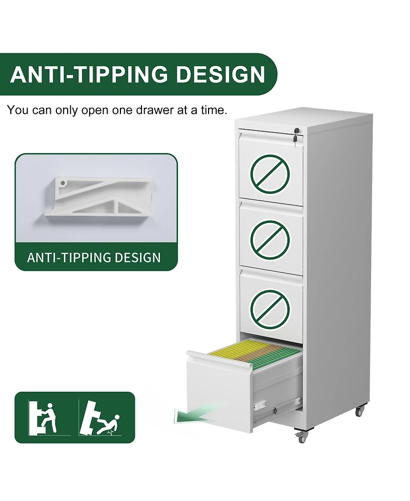 Rainsken 4 Drawer Metal Locking Vertical File Cabinet on Wheels