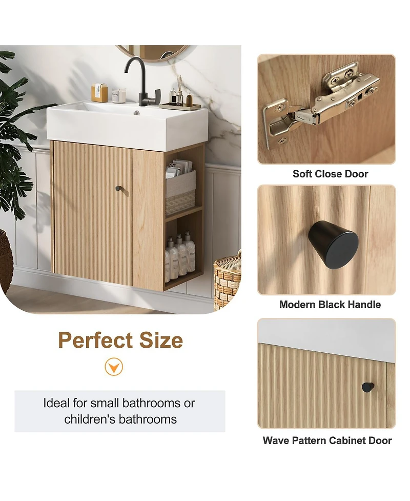 Sillysis 21.6'' Natural Floating Bathroom Vanity with Ceramic Sink, Right Side Storage, Soft Close, Modern Wall Mounted Cabinet