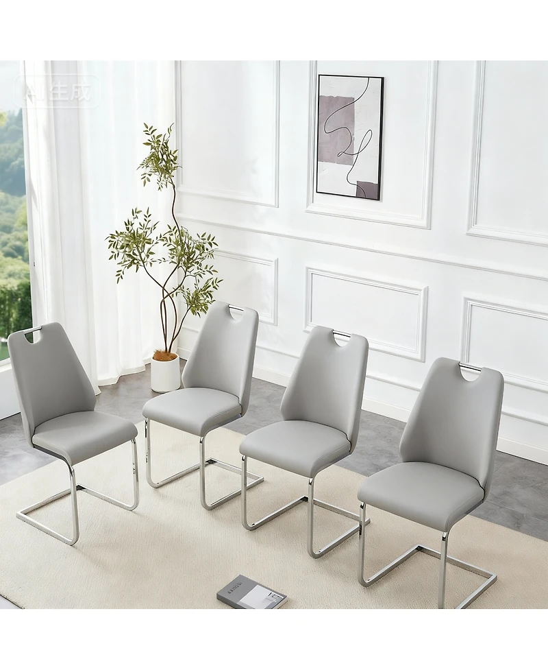Streamdale Furniture Dining Chairs Set of 4, Light Gray Faux Leather w/ Gold Mesh, Silver Ring, Chrome Handle
