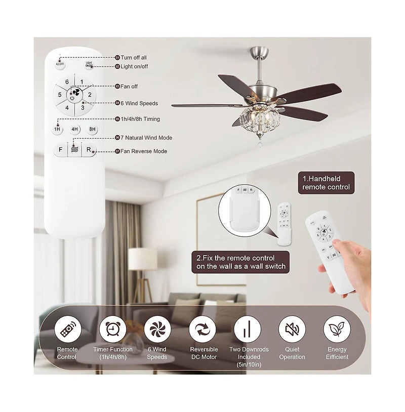 Sofucor 52-inch Modern Farmhouse Brown 5 - Blade Ceiling Fan with Crystal Accents