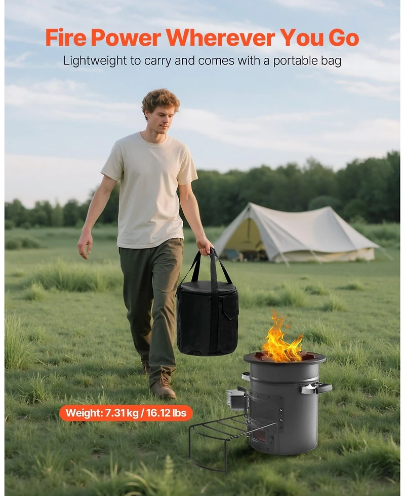 Ecooso Portable Spcc Steel Camping Rocket Stove with Carry Bag, Double Door