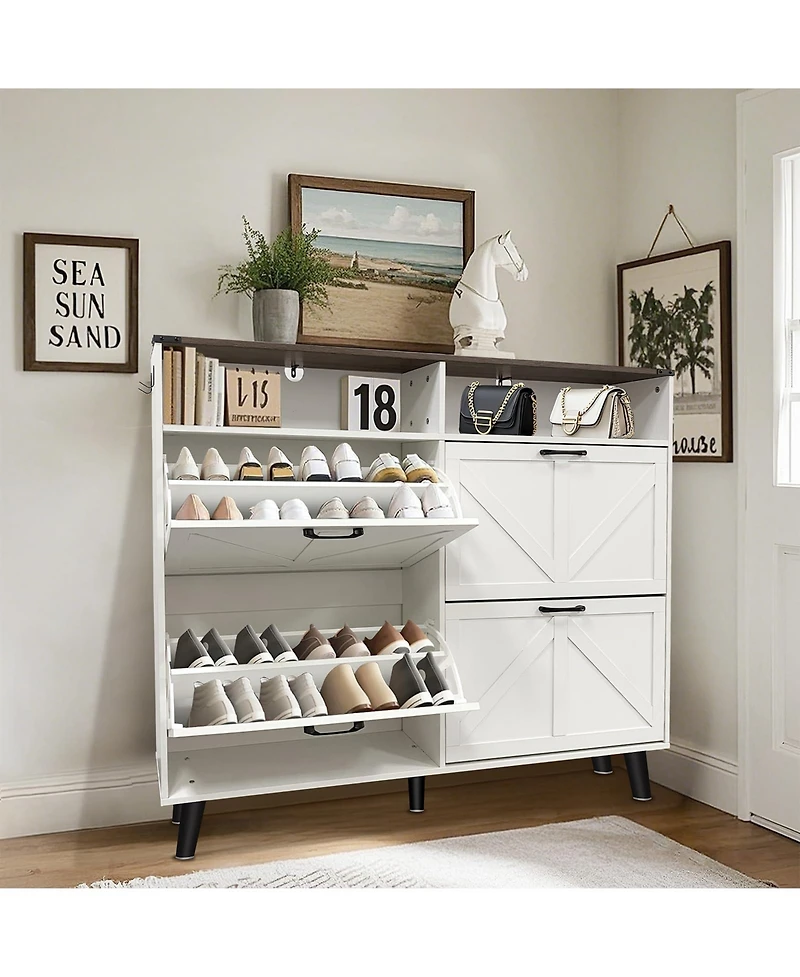 Homfan Shoe Cabinet with 4 Flip Drawers & Barn Door, Freestanding Hidden Slim Narrow Shoe Storage Organizer with Open Shelves, for Entryway, Foyer