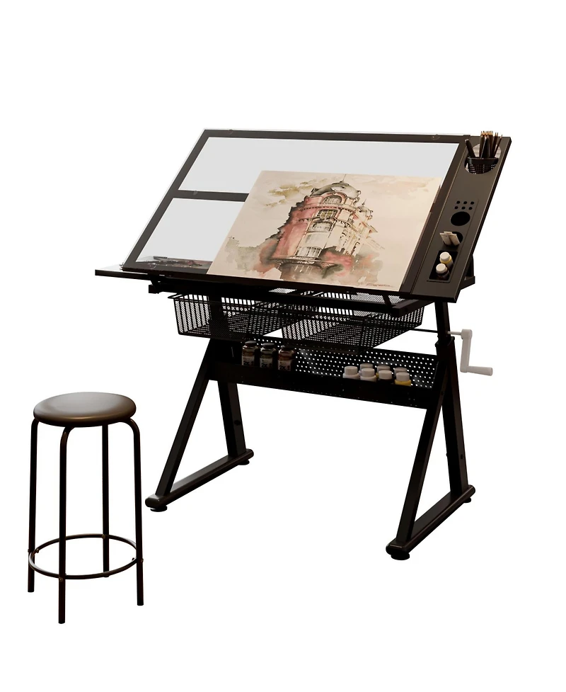 Streamdale Furniture Adjustable Tempered Glass Drafting Table with Chair & Storage