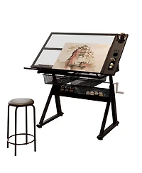 Streamdale Furniture Adjustable Tempered Glass Drafting Table with Chair & Storage