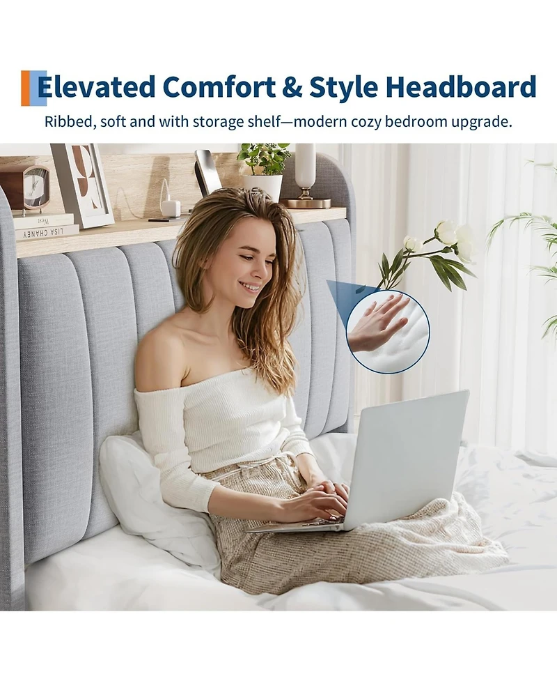 gaomon Bed Frame Upholstered With Storage Headboard Drawers Charging Platform Bed Wooden Slats