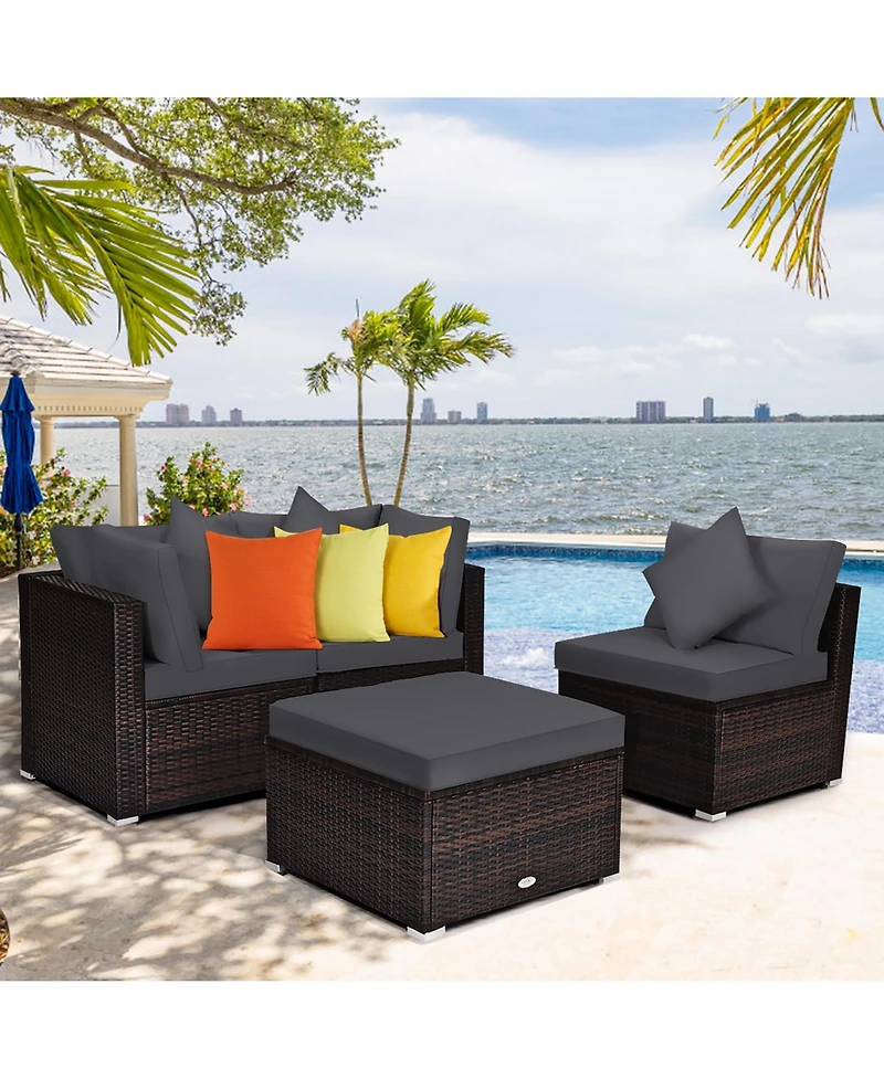 Costway 4PCS Patio Rattan Furniture Set Sofa Ottoman Cushion Garden Deck