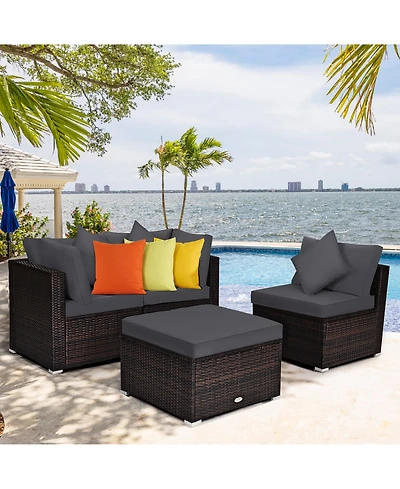 Costway 4PCS Patio Rattan Furniture Set Sofa Ottoman Cushion Garden Deck