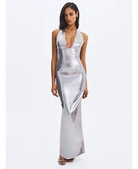 Miss Circle Women's Valeska Silver Foil Plunging Sheath Maxi Dress