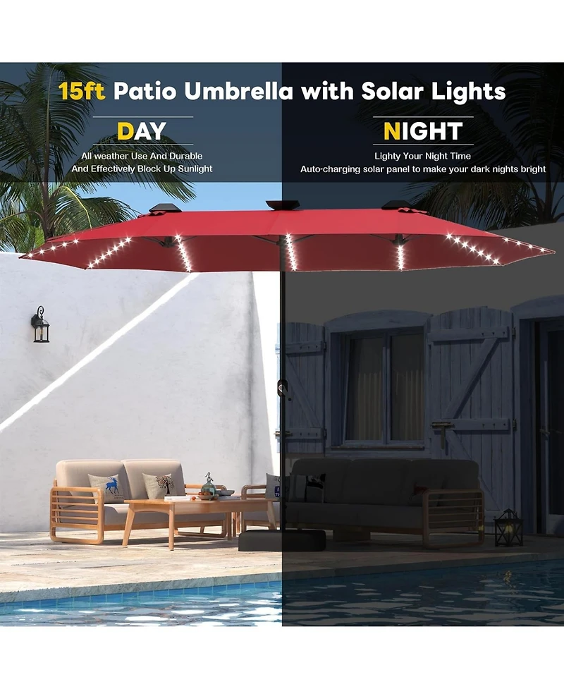 Aecojoy 15ft Double-Sided Patio Umbrella with Solar Lights with Base Include Crank Handle|156 Piece Led Lights