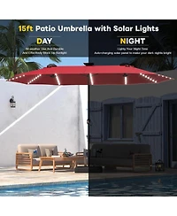 Aecojoy 15ft Double-Sided Patio Umbrella with Solar Lights with Base Include Crank Handle|156 Piece Led Lights