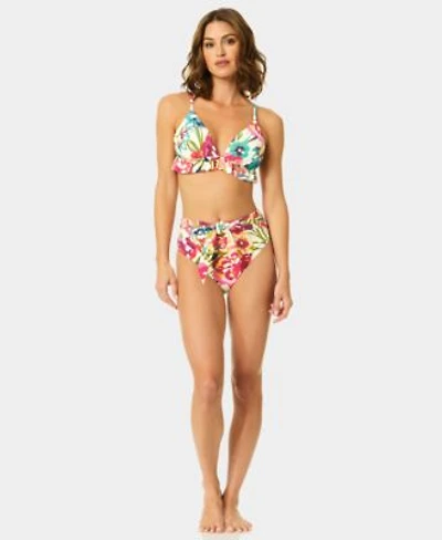 Cece Womens V Neck Triangle Ruffle Top Belted High Rise Swim Bottoms