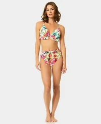 Cece Womens V Neck Triangle Ruffle Top Belted High Rise Swim Bottoms