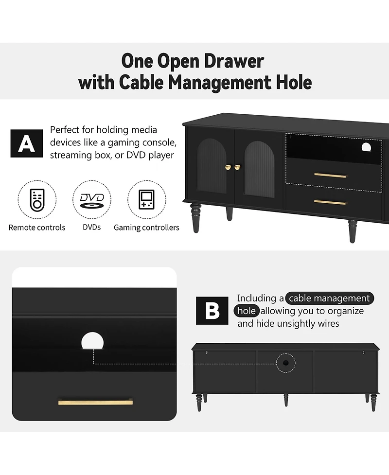 Streamdale Furniture 68.9" Retro Tv Stand - Fluted Glass Doors, Wood Legs