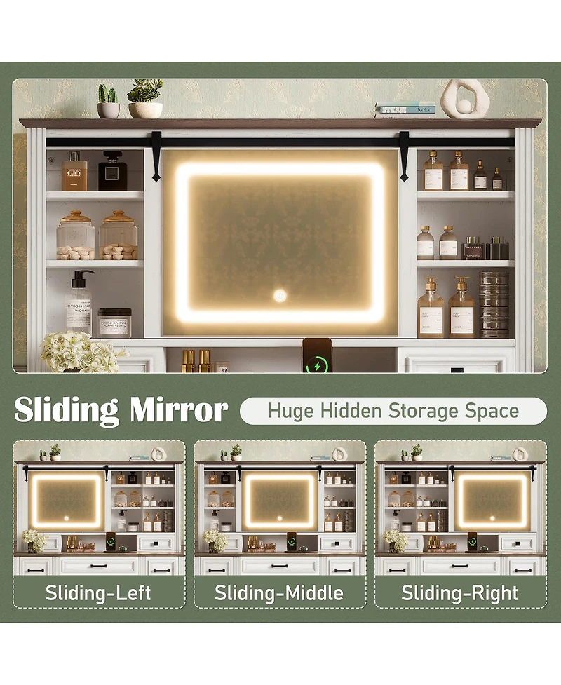 Streamdale Farmhouse Makeup Vanity Desk with Sliding Mirror, Led Lights, Stool & 9 Drawers