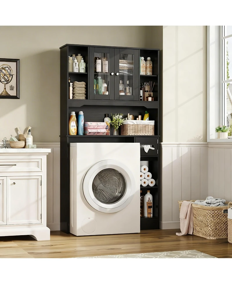 Yigii Over Toilet Storage Cabinet 2 Glass Doors Paper Holder Adjustable Shelves Bathroom Laundry