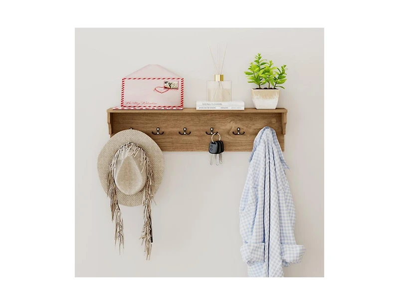 Slickblue Wood Coat Rack 31.5" with Shelf and 6 Hooks for Entryway