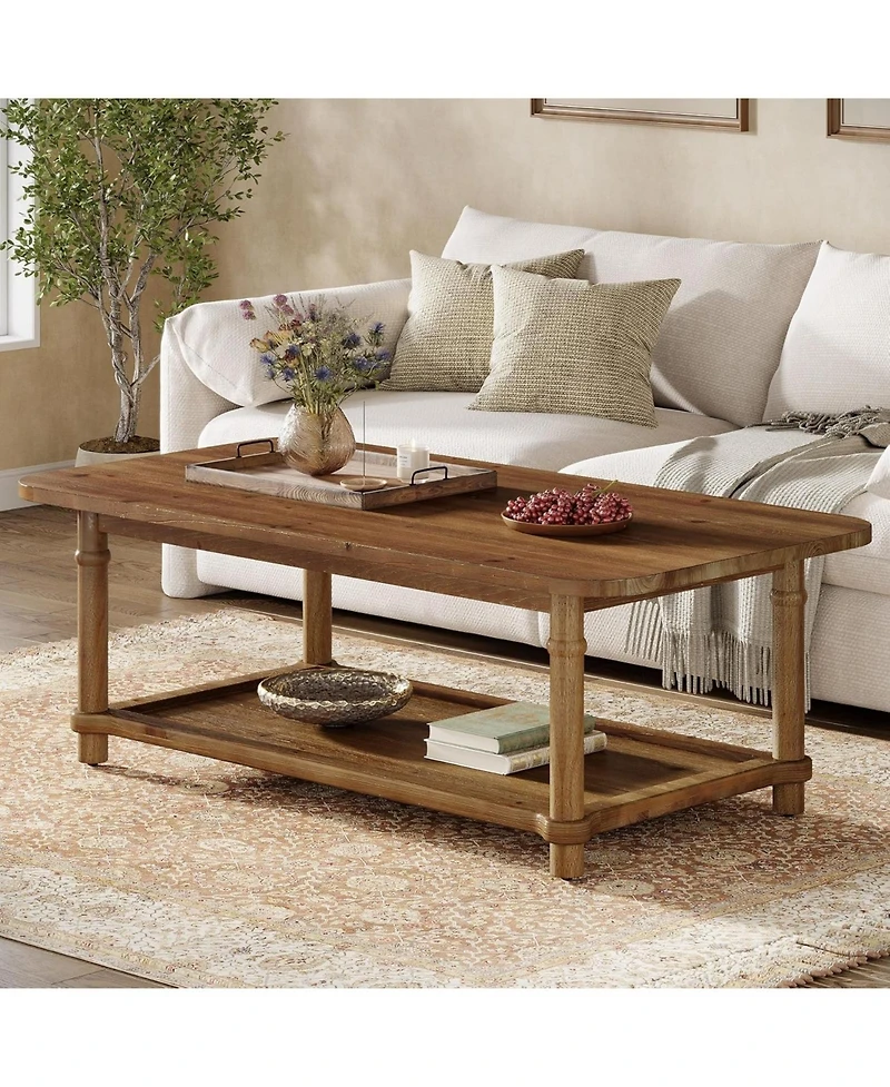Tribesigns 47" Rectangle Coffee Table, Solid Wood Center Table with 2-Tier Storage