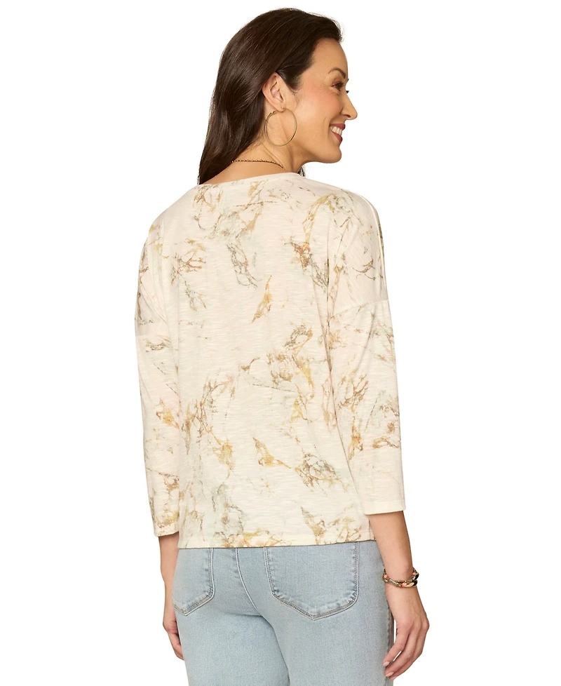 Democracy Petite Boat Neck Floral Embroidered Top