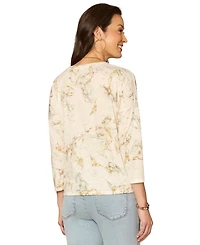 Democracy Petite Boat Neck Floral Embroidered Top