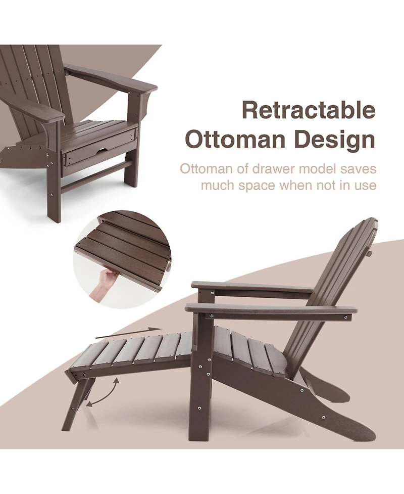 Gymax Patio Adirondack Chair Hdpe Outdoor Lounge w/ Retractable Ottoman