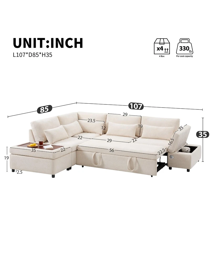 Streamdale Furniture Streamdale 107" Sectional Sleeper Sofa Bed with Pull Out Couch, L-shaped, Usb/Type-c Charging