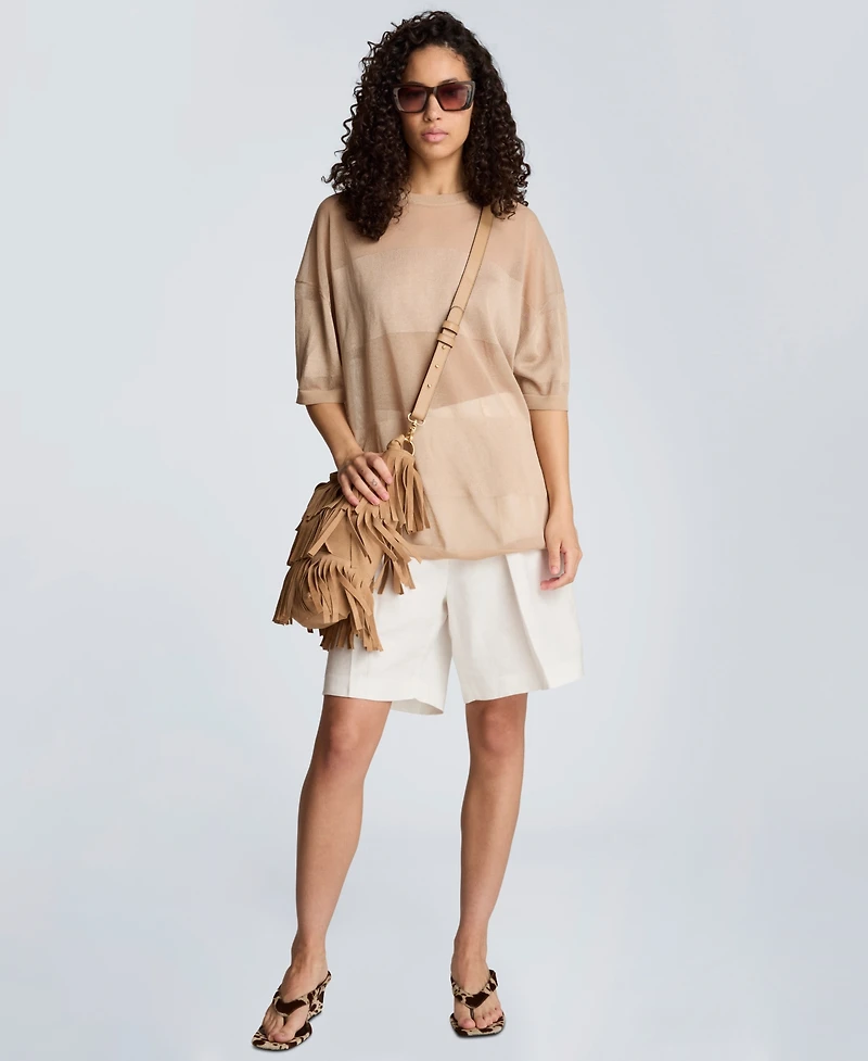 Kenneth Cole Women's Shiny Semi-Sheer Stripe Crewneck Top