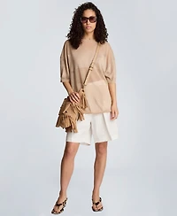 Kenneth Cole Women's Shiny Semi-Sheer Stripe Crewneck Top