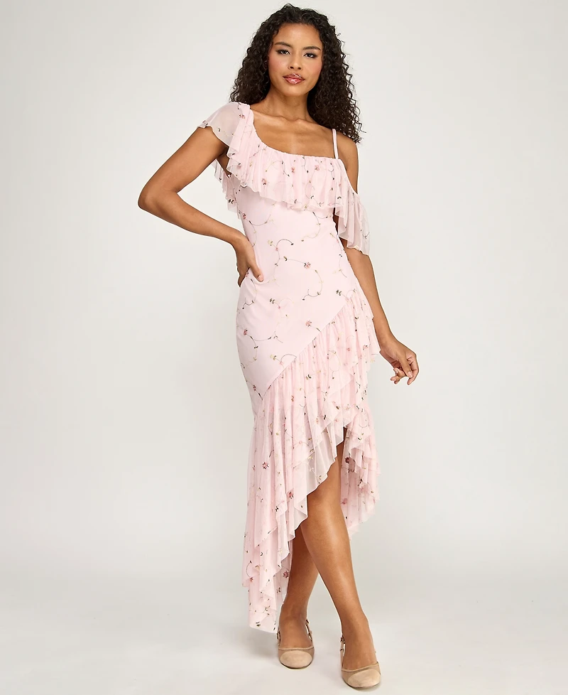 City Studios Juniors' Floral Embroidered Asymmetric Ruffle Hem Midi Dress