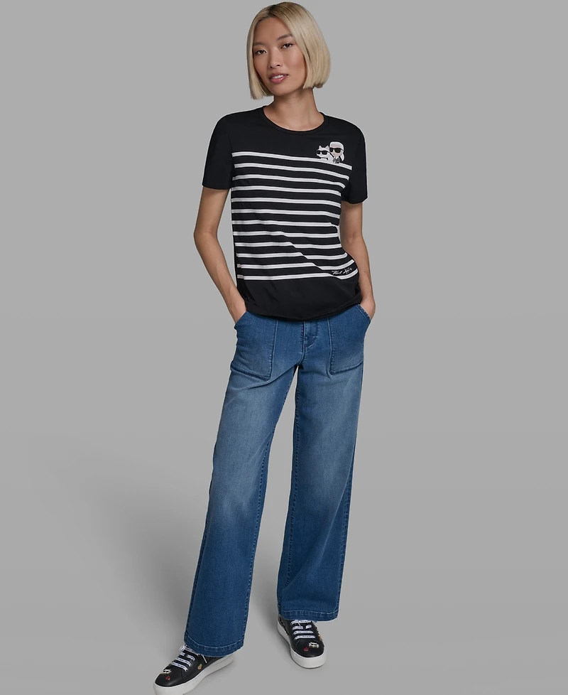 Karl Lagerfeld Paris Women's Short-Sleeve Striped Logo T-Shirt