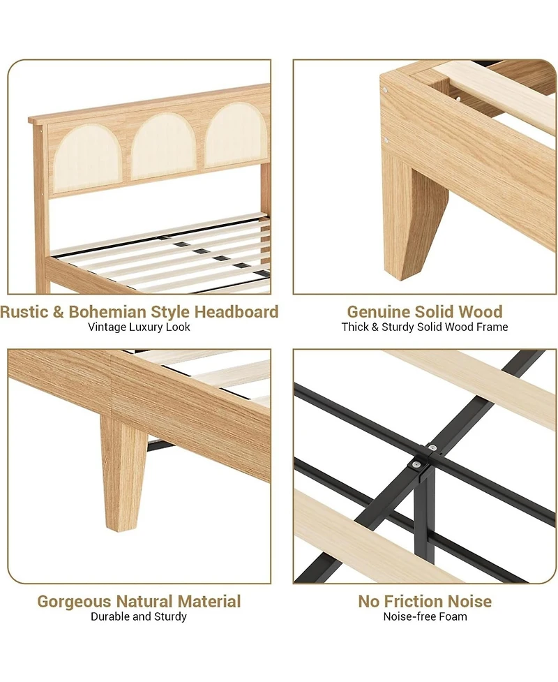 gaomon Boho Rattan Bed Frame Wood Platform Smart Rgb Led Rattan Headboard Under Storage No Box Spring Easy Assembly