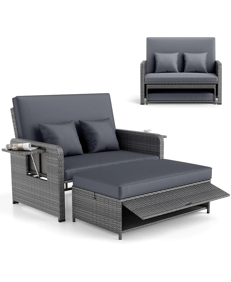 Gymax Patio Daybed Set Rattan Loveseat Sofa Set w/ Adjustable Backrest Cushions