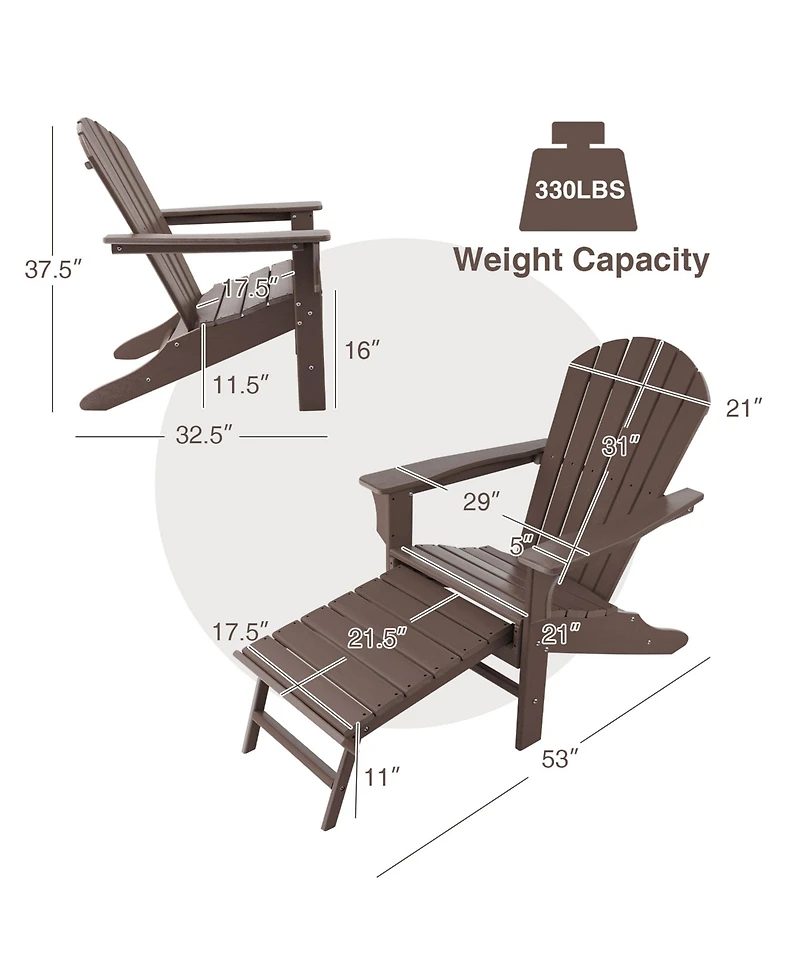 Gymax Set of 2 Patio Adirondack Chair Hdpe Outdoor Lounge with Retractable Ottoman