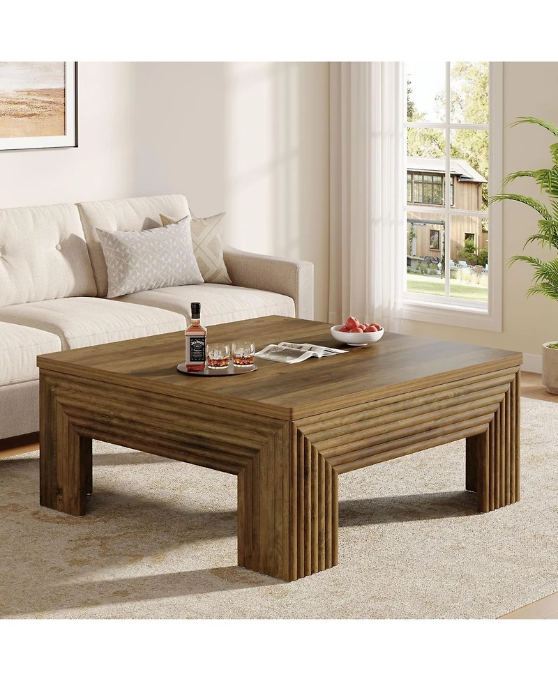 Tribesigns Square Coffee Table for Living Room, 39.4'' Large Wood Center Table with Unique Fluted Legs, Farmhouse Low Cocktail Tea Accent Table