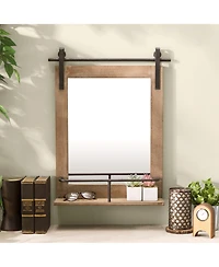 Danya B Rustic Industrial Wood-Framed Wall Mount Barn Door Vanity Mirror with Shelf and Iron Hardware