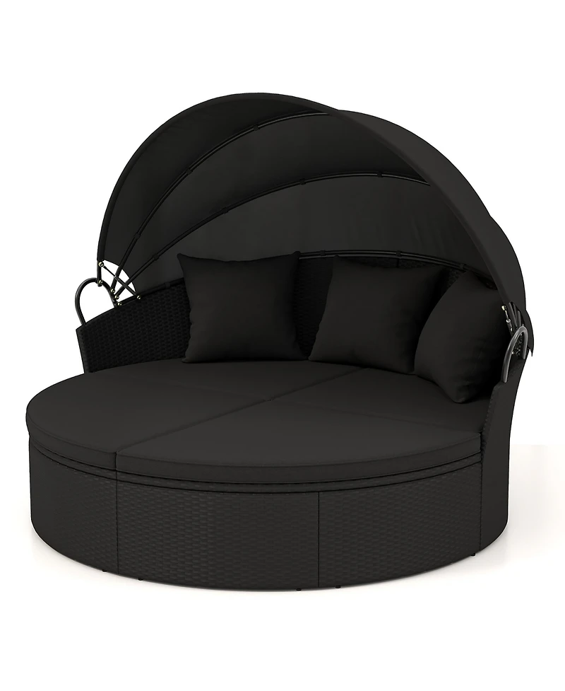 Gymax Patio Round Daybed Wicker Daybed w/ Retractable Canopy Separated Seating Sectional Sofa