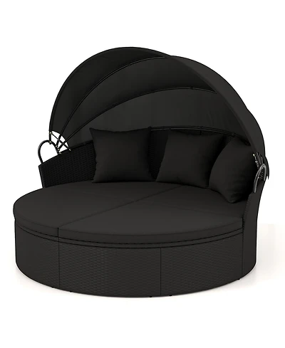 Gymax Patio Round Daybed Wicker Daybed w/ Retractable Canopy Separated Seating Sectional Sofa