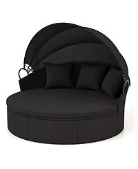 Gymax Patio Round Daybed Wicker Daybed w/ Retractable Canopy Separated Seating Sectional Sofa