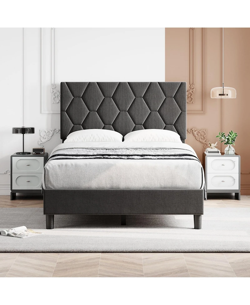 gaomon Bed Frame Upholstered Fabric Headboard Diamond Design Solid Wood Slats Noise Free Easy Assembly