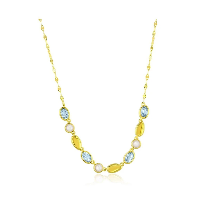 Simona Sterling , Round Mop & Oval Sky Topaz Gem w/Mirror Chain Necklace