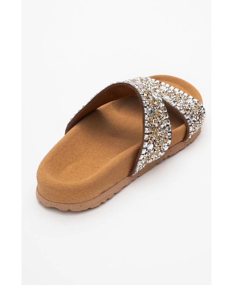 Forever & Always Shoes Women's Jamie Leather Double Strap Slide Sandal with Stones