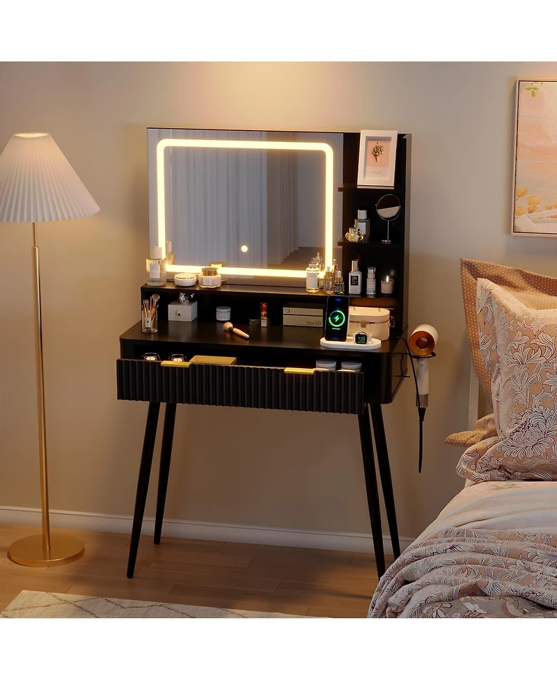 gaomon Mid-Century Modern Makeup Vanity Desk with Lighted Mirror.