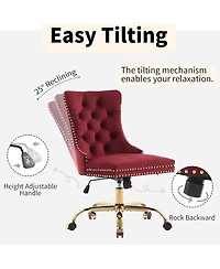 Rainsken Velvet Upholstered Office Chair, Tufted Button Desk Chair, Adjustable Swivel Computer Chair with Metal Base, Nailhead for Home Office