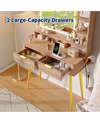 gaomon 31" Mid-Century Modern Makeup Vanity Desk with Lighted Mirror, 2 Drawers and Cabinet