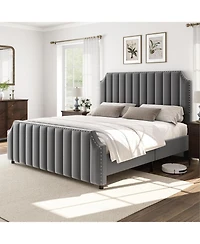 gaomon California King Velvet Upholstered Platform Bed Frame with Headboard & Footboard, Nailhead Trim, Wooden Slats, No Box Spring