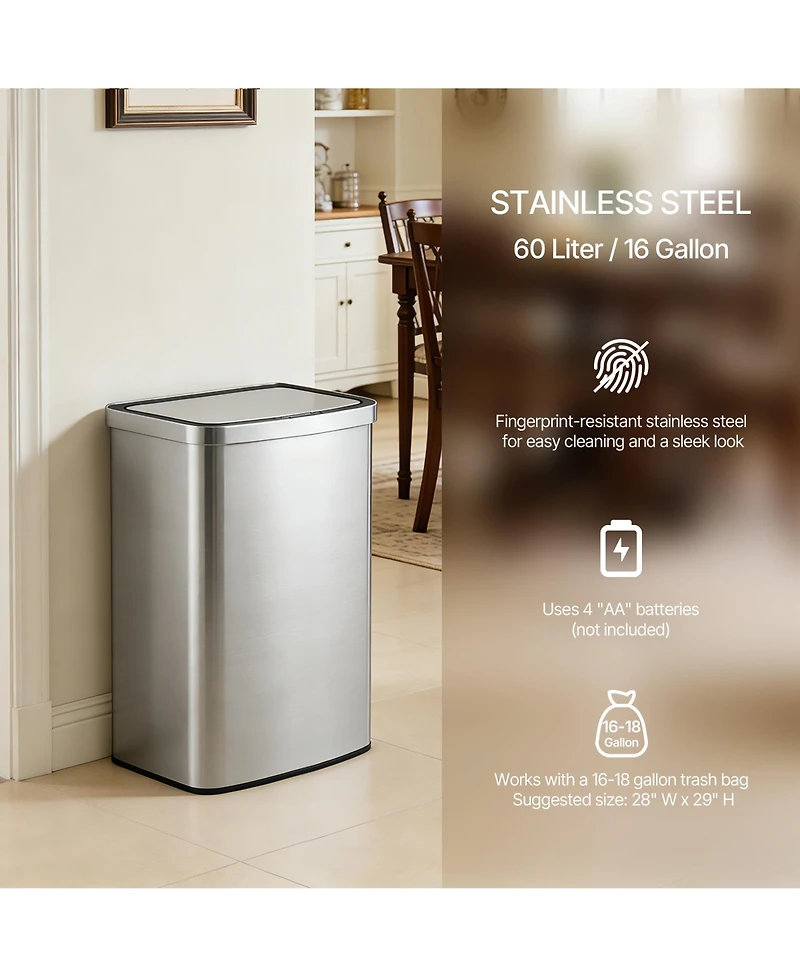 Mega Casa 16 Gallon Stainless Steel Touchless Sensor Trash Can with Silent Close Lid – Hands-Free Kitchen Garbage Bin