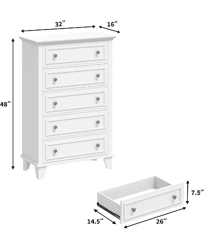 gaomon White 5 Drawer Dresser Wooden Storage Chest with Exquisite Metal Handles