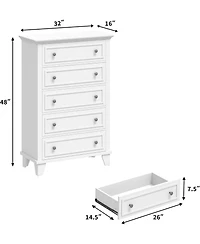 gaomon White 5 Drawer Dresser Wooden Storage Chest with Exquisite Metal Handles