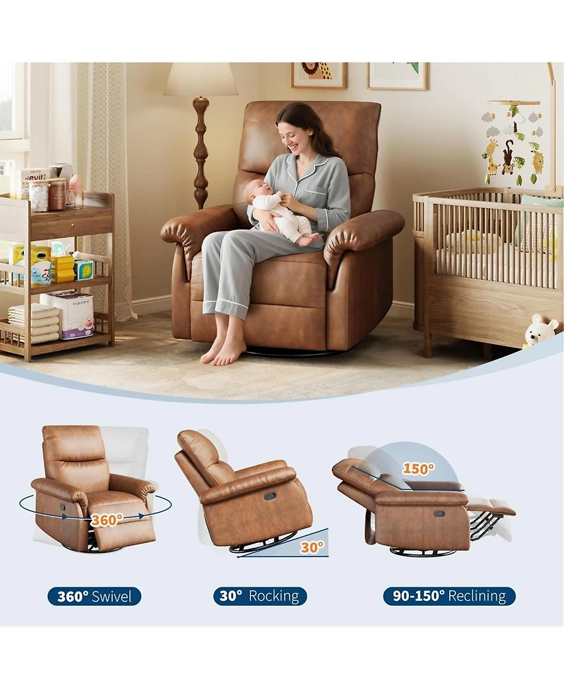 gaomon Recliner Chair, 360° Swivel Rocker Glider, Padded Armrest, Deep Seat, Pu Leather, Living Room.