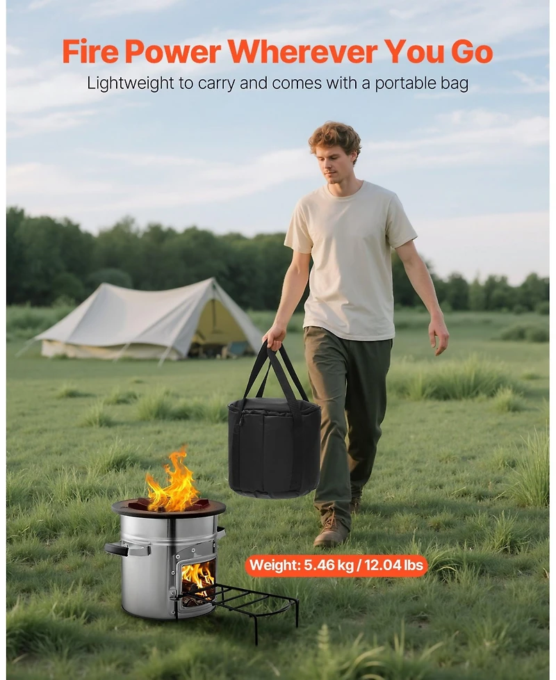 Ecooso Portable Stainless Steel Camping Rocket Stove with Carry Bag Single Door