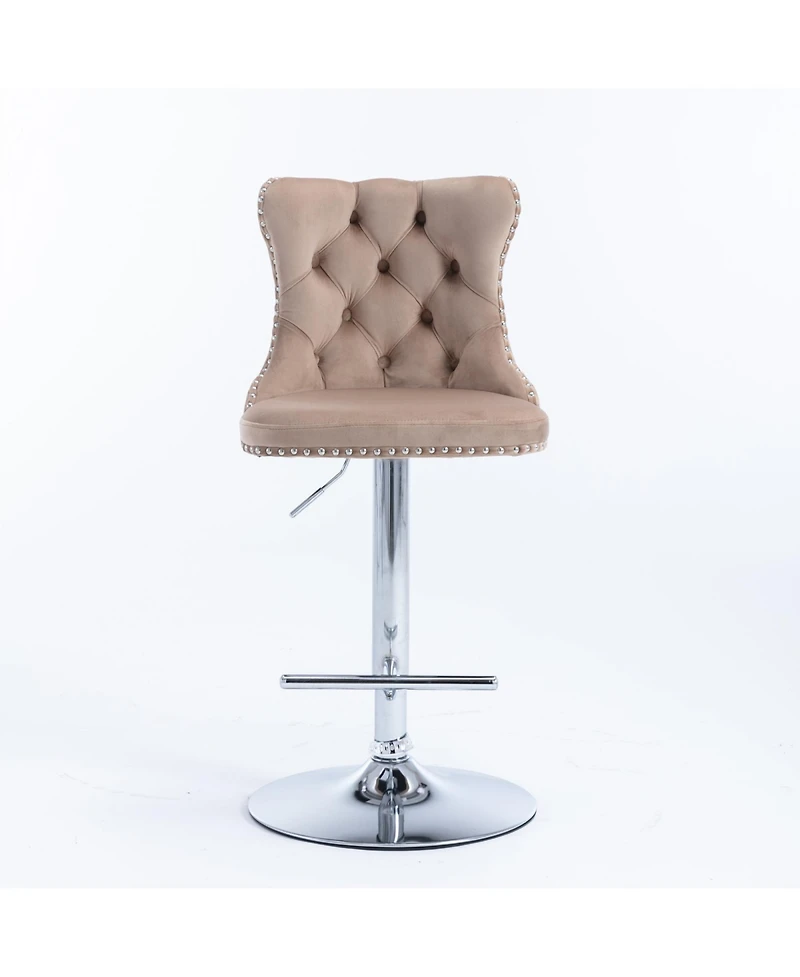 Rainsken Velvet Swivel Bar Stools Set of 2, Adjustable Counter Height Chairs with Nailhead Trim and Silver Metal Base for Kitchen Island.